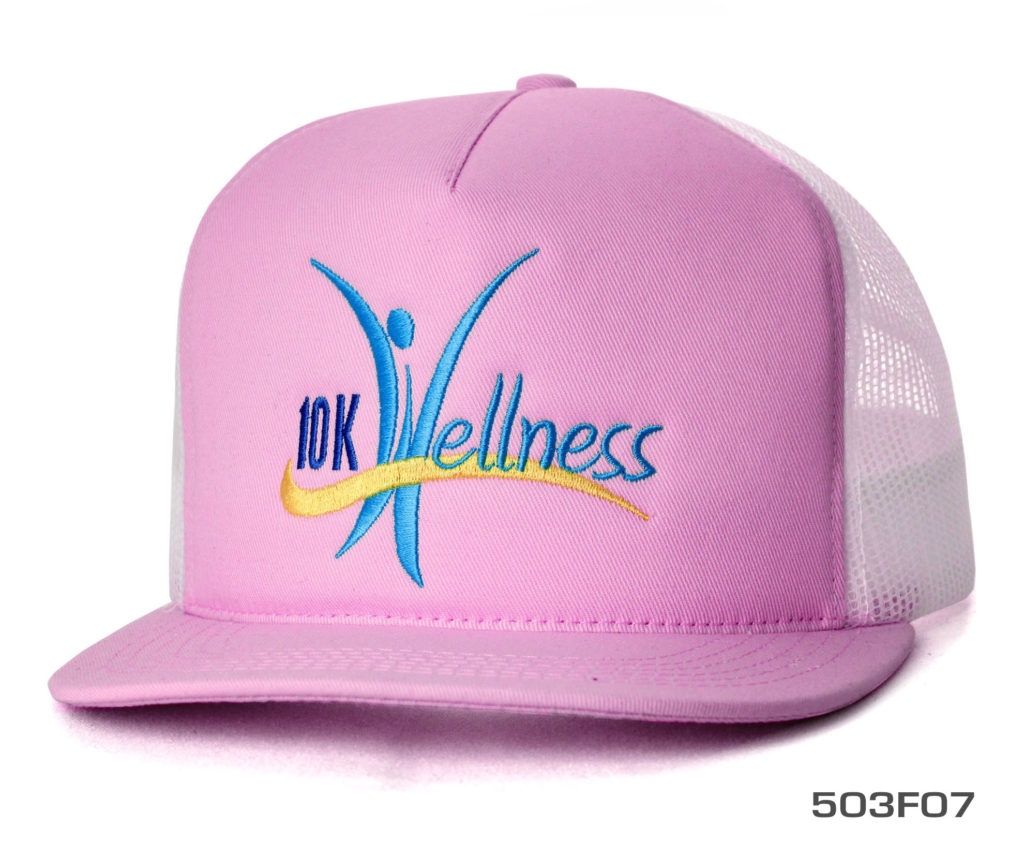 A pink and white 10k wellness foam cap