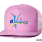 A pink and white 10k wellness foam cap