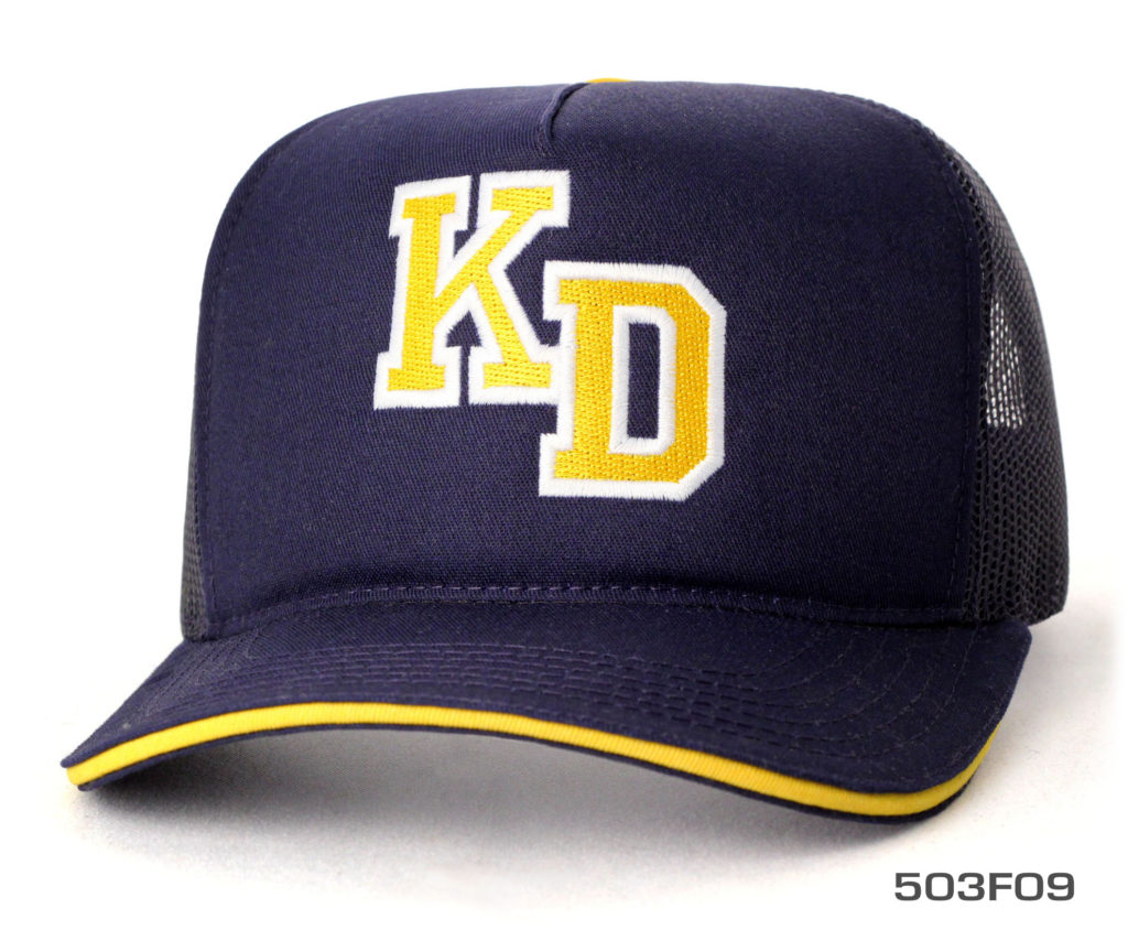 A dark blue and yellow cap with black mesh