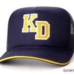 A dark blue and yellow cap with black mesh