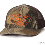 A tactical camo cap with organic valley label