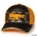 A Yellow and Black Paneled Cap With Meyer Wording