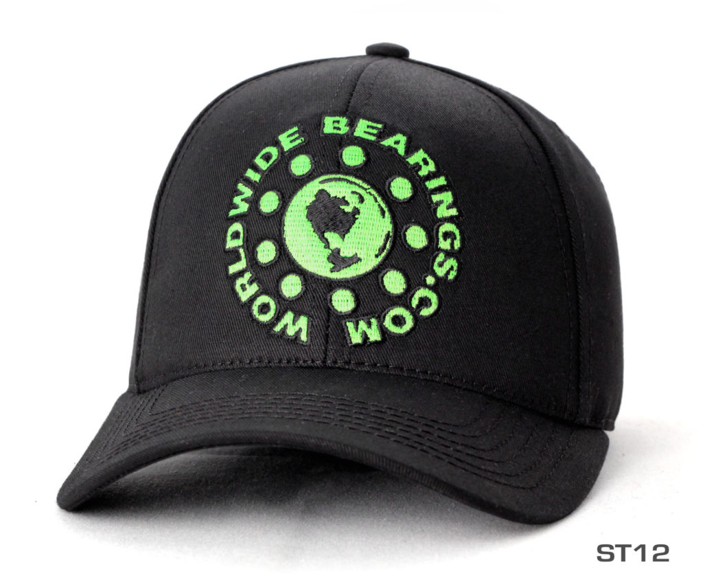 A black worldwide bearings cap with green label