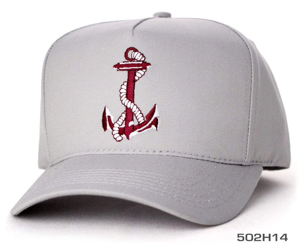 A gray hat with an anchor on it.