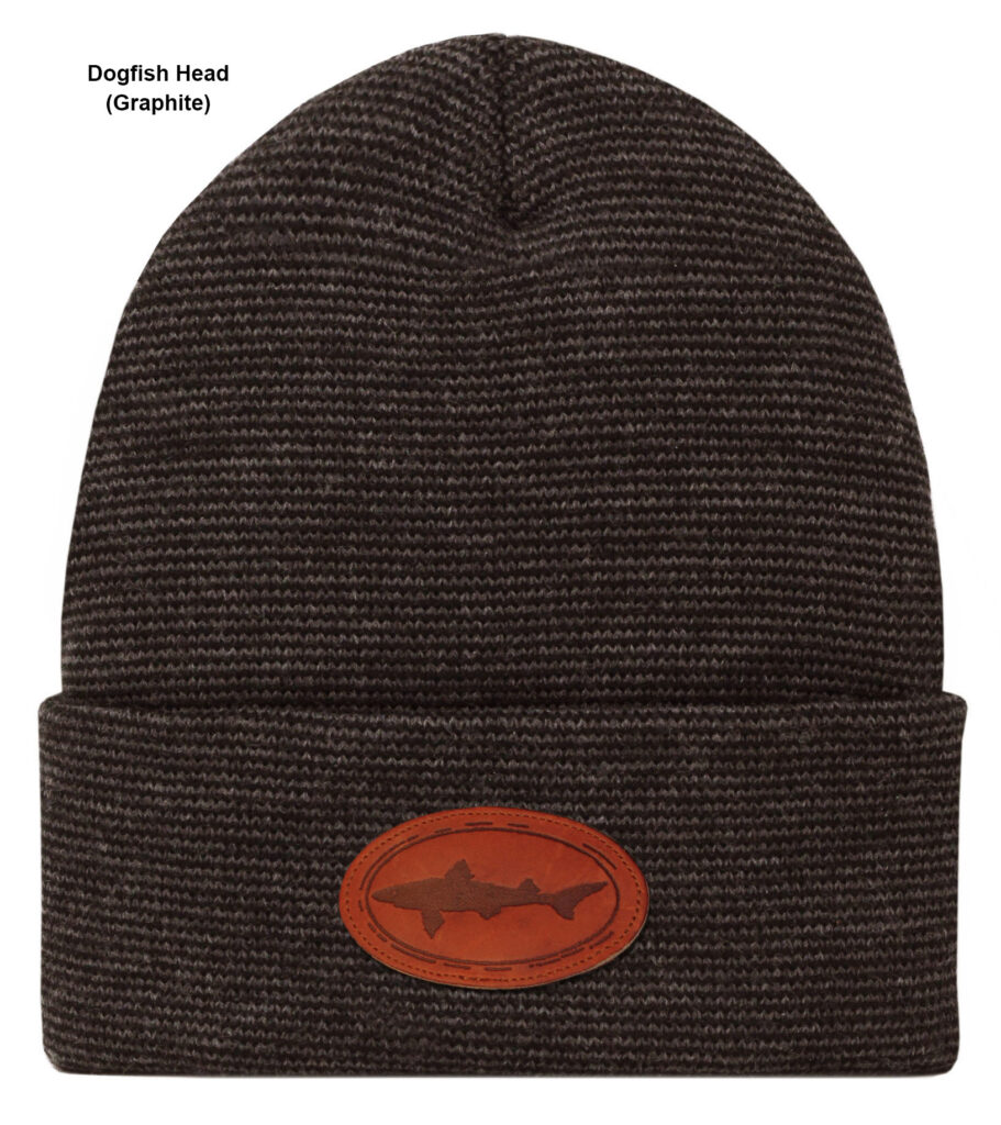 A graphite colored knitted cap with dogfish head label