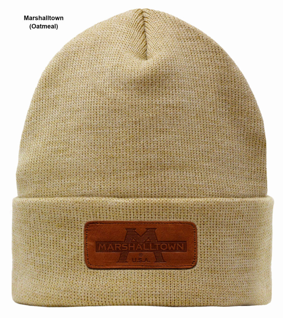 A knitted cream cap with marshalltown oatmeal label