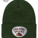 A knitted emerald cap with organic valley label