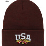 A wine colored knitted cap with a USA label