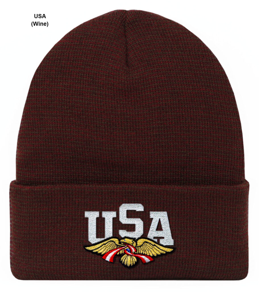 A wine colored knitted cap with a USA label