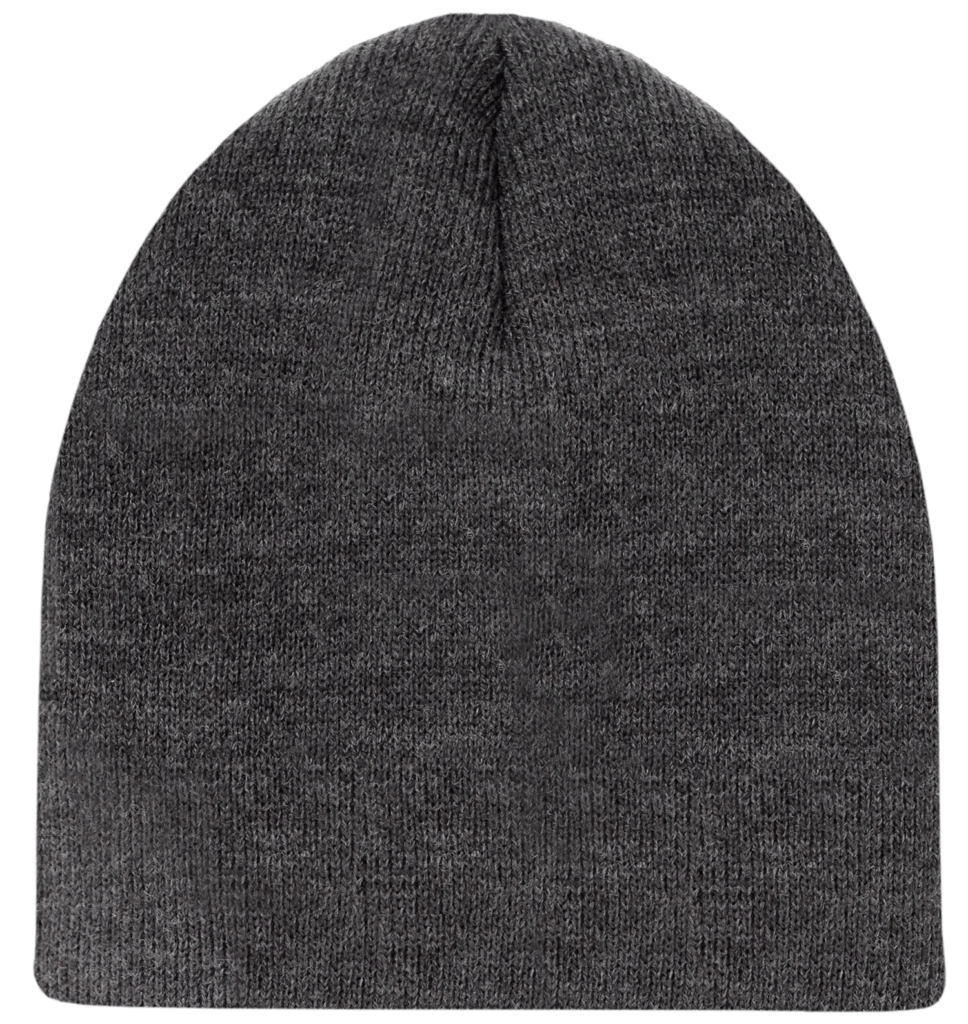 A grey beanie on a black background.