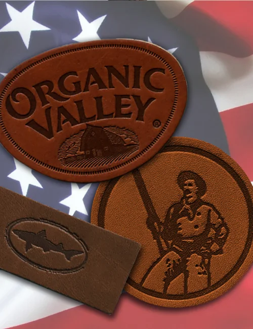 Leather patches with Organic Valley logo and shark.