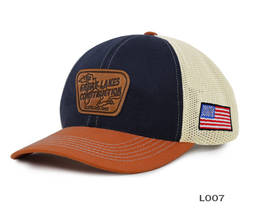 Trucker cap with American flag patch.