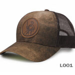 Brown mesh baseball cap with logo patch.